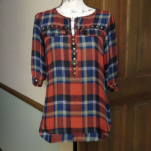 ANGIE Embellished Red & Blue Plaid Top - Size S